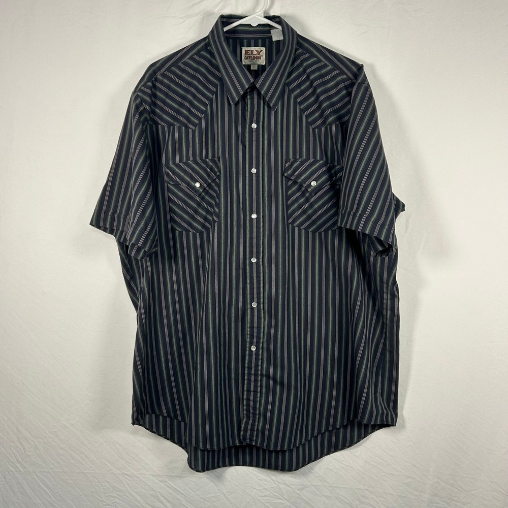 Ely Cattleman Western Shirt Mens XL Navy Green Striped Pearl Snap Vintage